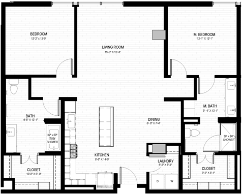 Floor plan for 2 beds, 2 baths, 1370 sqft